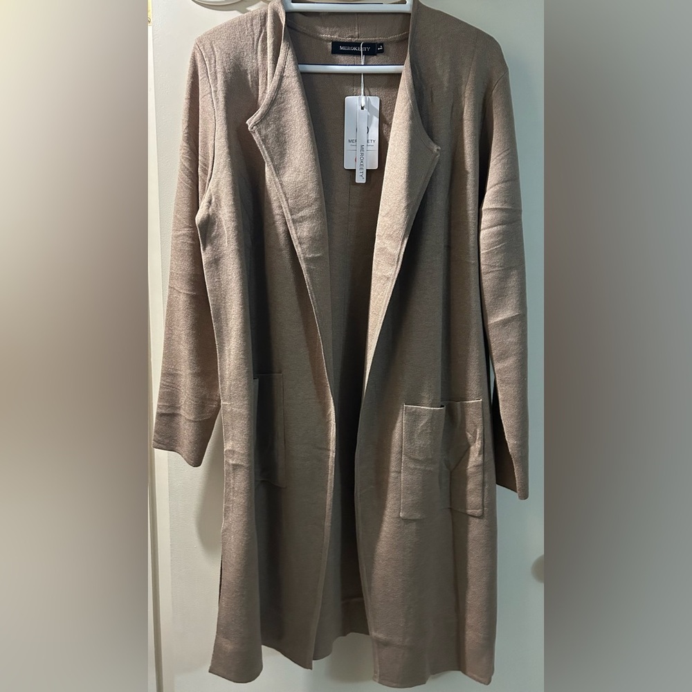 MEROKEETY Women's Open Front Coatigan Sweater Casual Knit Lapel Cardigan Coat